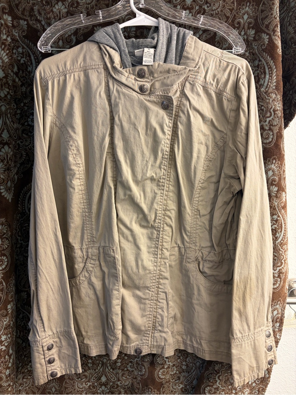Style & Co. Beige Hooded Utility Jacket with Gray Lined Hood